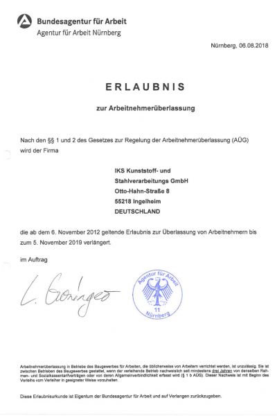 IKS Kunststoff- und Stahlverarbeitungs GmbH Zertifikat Arbeitnehmerüberlassung Kunststoffschweisser
