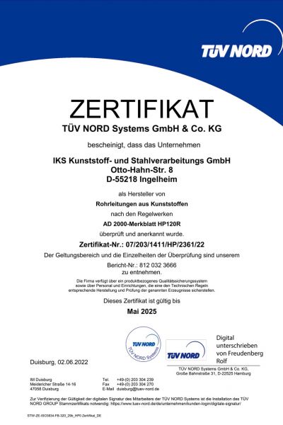 IKS Kunststoff- und Stahlverarbeitungs GmbH Zertifikat Fachbetrieb Rohrleitungbau